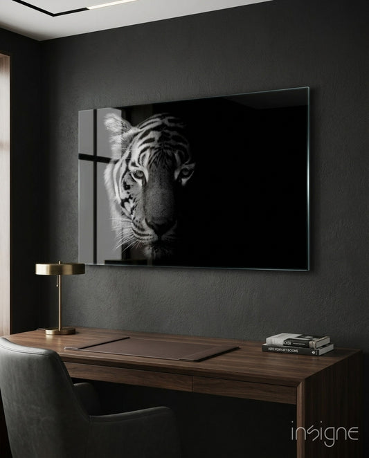 Tiger glass wall art displayed above a console in a designer interior