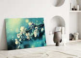 Flower glass wall art styled above a bed in a gentle, dreamy bedroom