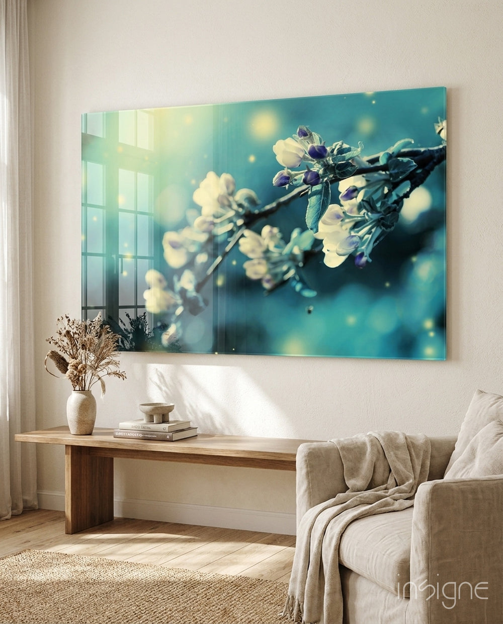 Flower spring blossom glass wall art displayed above a console in a designer interior