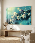 Flower spring blossom glass wall art displayed above a console in a designer interior