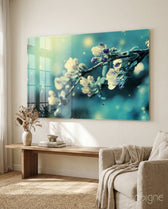 Flower spring blossom glass wall art displayed above a console in a designer interior
