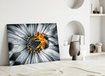 Honey Bee glass wall art styled above a kitchen counter