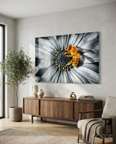 Honey Bee glass wall art displayed above a console in a designer interior