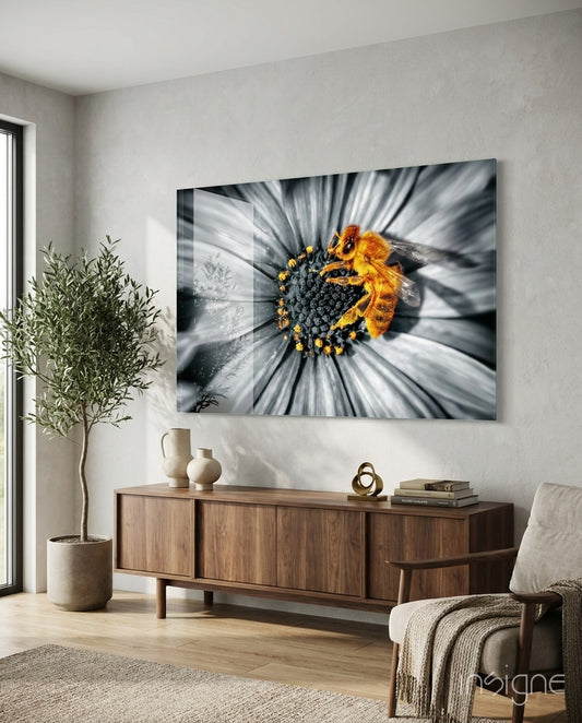 Honey Bee glass wall art displayed above a console in a designer interior