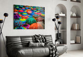 Colorful Umbrellas panel adding joy to a family dining area