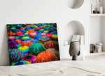 Colorful Umbrellas glass wall art styled above a sofa in a playful living room