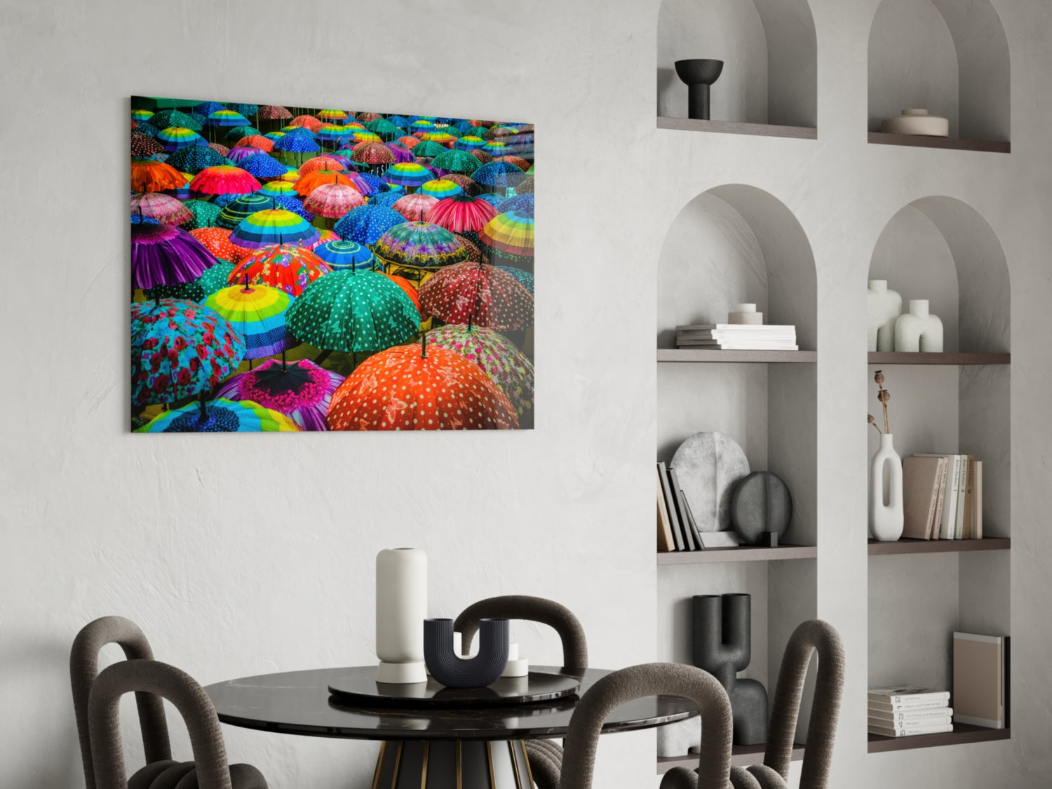 Colorful Umbrellas Glass Wall Art.