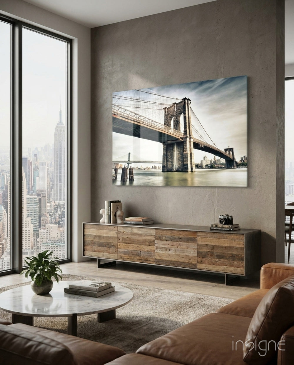 Brooklyn Bridge glass wall art displayed above a console in a designer interior