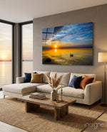 Swan glass wall art displayed above a console in a designer interior