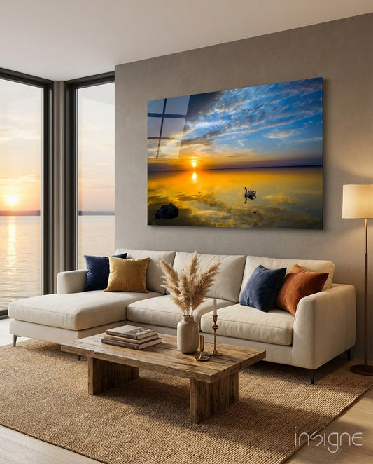 Swan glass wall art displayed above a console in a designer interior