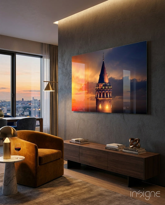 Galata Tower glass wall art displayed above a console in a designer interior