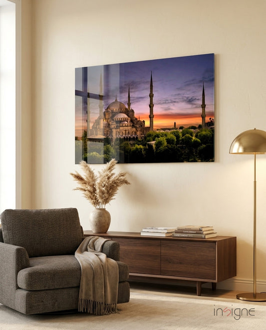 Blue Mosque glass wall art displayed above a console in a designer interior