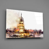 Close-up detail of the Maiden's Tower in warm watercolor strokes