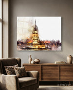 Maiden's Tower glass wall art displayed above a console in a designer interior