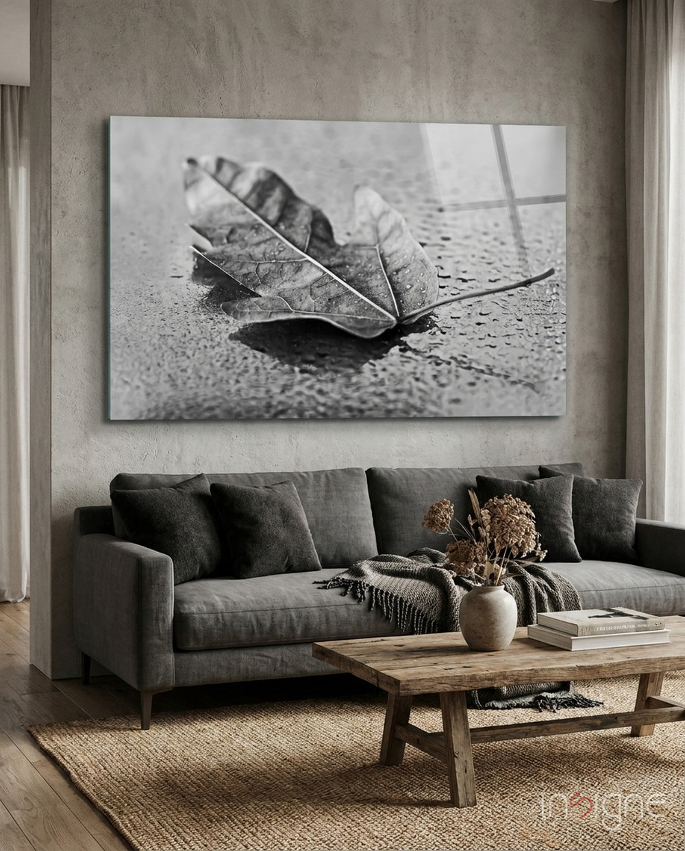 Leaf minimalist glass wall art displayed above a console in a designer interior