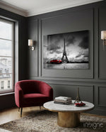 Eiffel Tower red car glass wall art displayed above a console in a designer interior