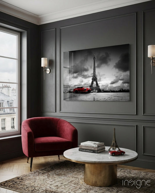 Eiffel Tower red car glass wall art displayed above a console in a designer interior