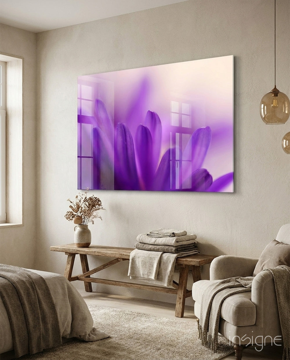 Flower purple petal glass wall art displayed above a console in a designer interior