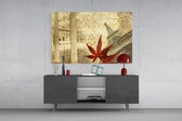 Fine art mixed media – vintage-style Eiffel Tower composition with red maple leaf, sepia tones, handwriting layers and ornamental patterns