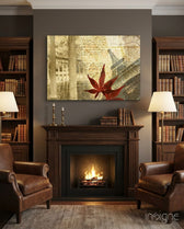 Retro Paris collage glass wall art displayed above a console in a designer interior