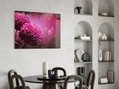 Flower glass print enhancing a hallway with magenta depth