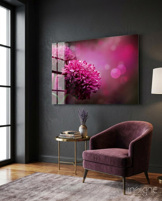 Flower chrysanthemum glass wall art displayed above a console in a designer interior