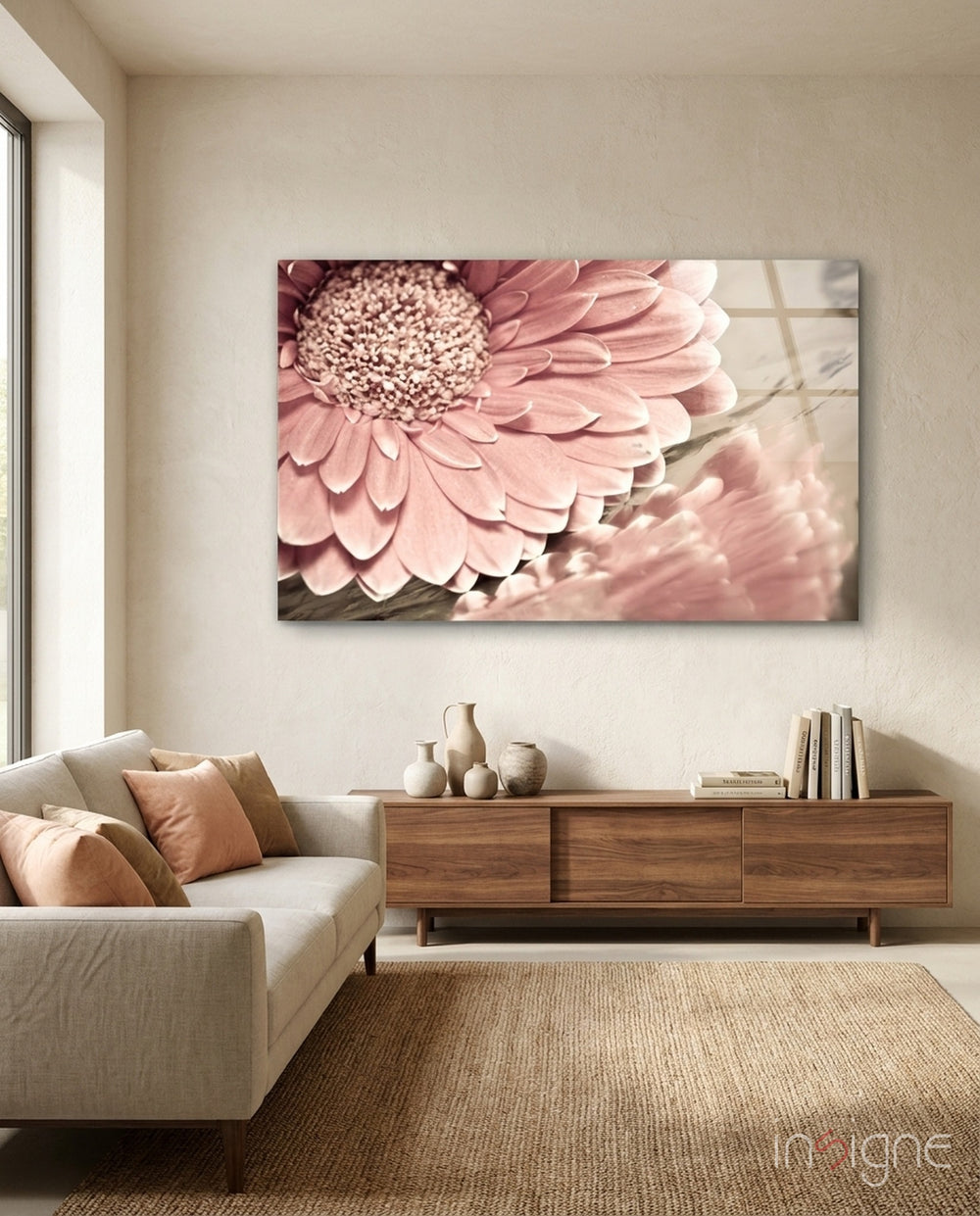 Flower sepia gerbera glass wall art displayed above a console in a designer interior