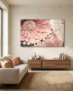 Flower sepia gerbera glass wall art displayed above a console in a designer interior