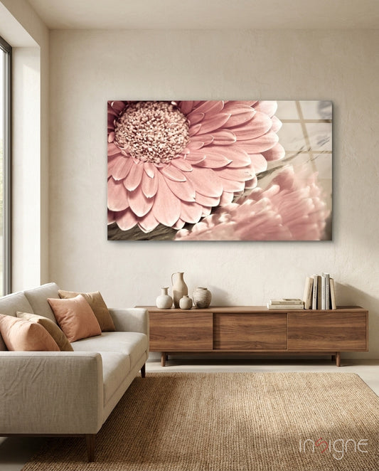 Flower sepia gerbera glass wall art displayed above a console in a designer interior