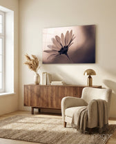 Flower minimalist daisy glass wall art displayed above a console in a designer interior