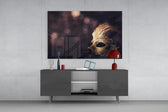 Fine art still life photography – ornate golden Venetian mask with feather adornment, dark background with soft warm bokeh points