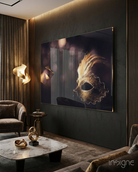 Venetian Mask gold glass wall art displayed above a console in a designer interior
