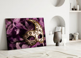 Venetian Mask glass wall art styled above a vanity in a boudoir