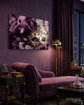Venetian Mask purple feathers glass wall art displayed above a console in a designer interior