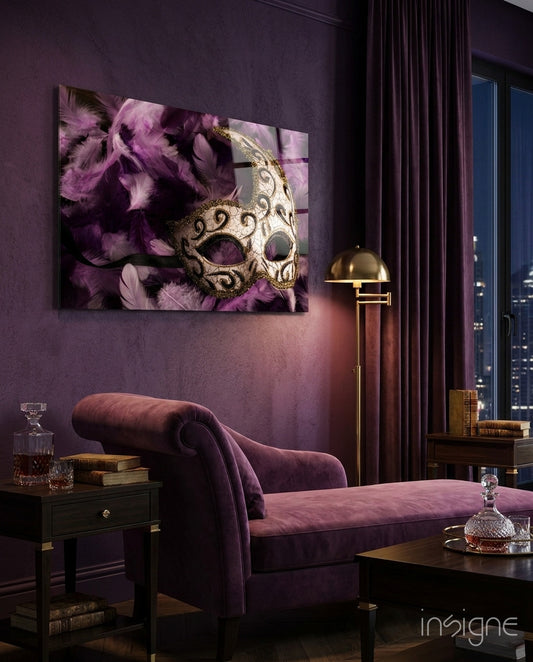 Venetian Mask purple feathers glass wall art displayed above a console in a designer interior