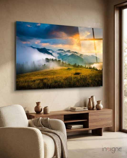 Mountain glass wall art displayed above a console in a designer interior