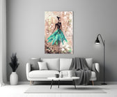 Female glass wall art styled above a vanity in a fashion-forward dressing area