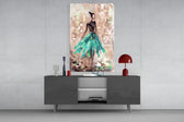 Fine art illustration – graceful female silhouette in flowing teal green gown with abstract painterly brushwork on warm textured background