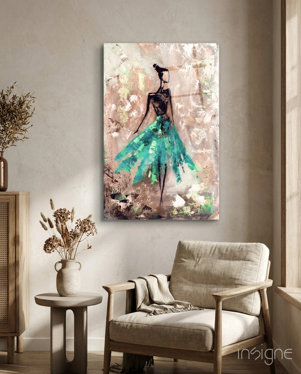 Female turquoise glass wall art displayed above a console in a designer interior
