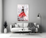Female glass wall art styled above a vanity in a dressing area