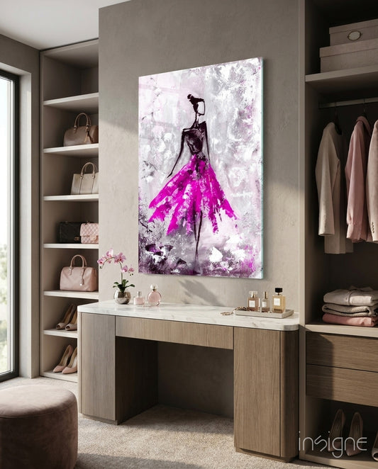 Woman pink glass wall art displayed above a console in a designer interior
