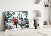 London glass wall art styled above a sofa in a literary living room