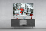 Fine art oil painting – couple sharing red umbrella on rain-soaked London riverside street with monochrome Big Ben and street lamps