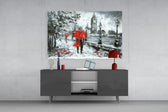 Fine art oil painting – couple sharing red umbrella on rain-soaked London riverside street with monochrome Big Ben and street lamps