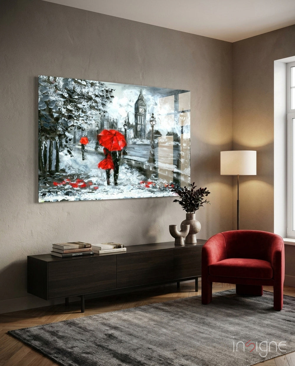 London glass wall art displayed above a console in a designer interior