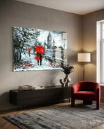 London glass wall art displayed above a console in a designer interior