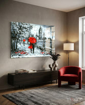 London glass wall art displayed above a console in a designer interior