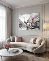 Paris spring glass wall art displayed above a console in a designer interior