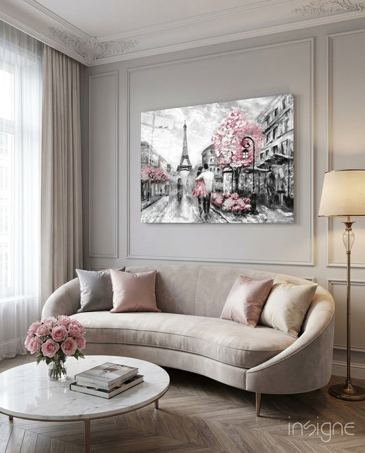 Paris spring glass wall art displayed above a console in a designer interior