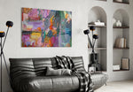 Abstract panel anchoring a studio with expressive color